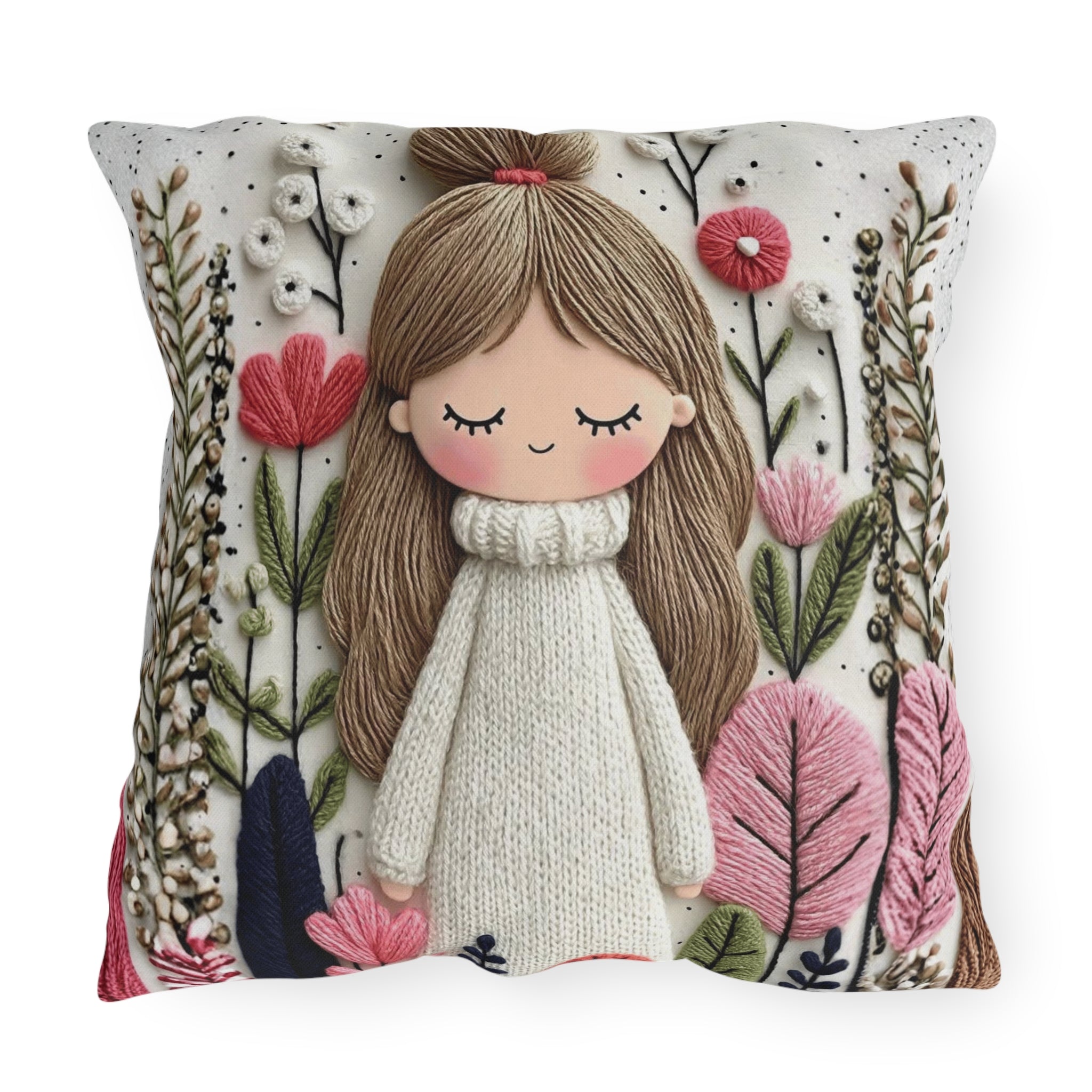 Cute Girl Floral Outdoor Pillow — Whimsical Garden Accent Cushion