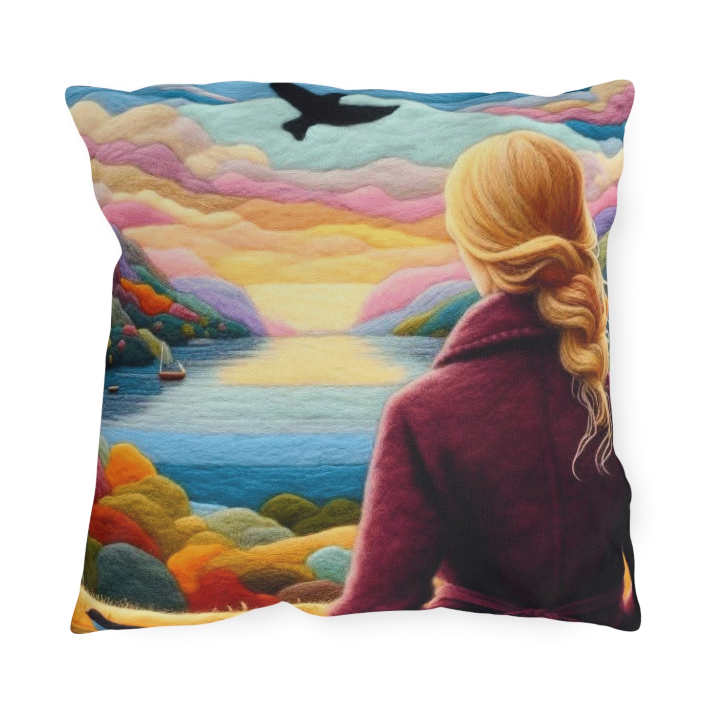 Scenic Lakeview Outdoor Pillow — Woman Overlooking Colorful Sunset Landscape
