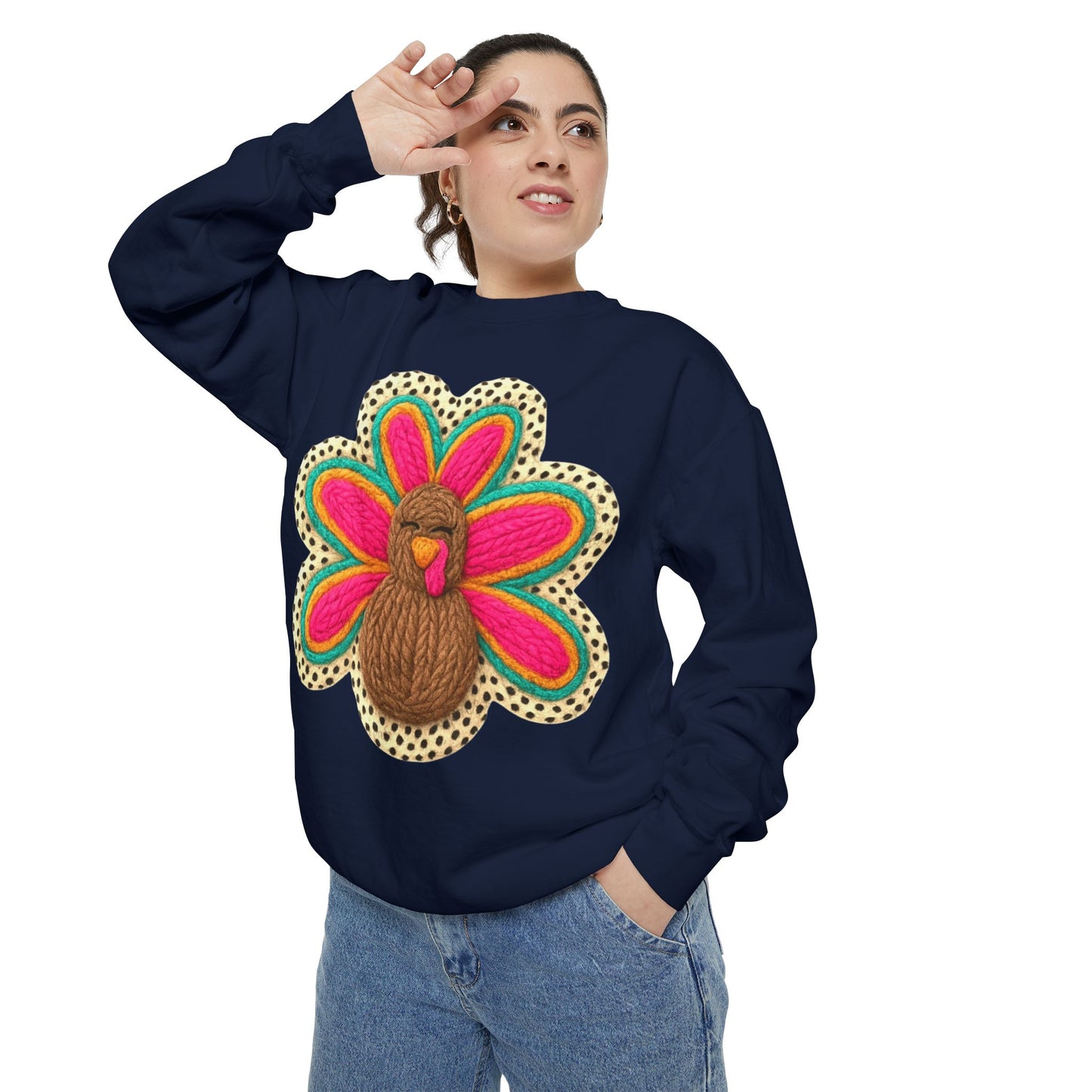 Festive Holiday Designs Turkey Patch Sweatshirt — Colorful Embroidered Thanksgiving Pullover