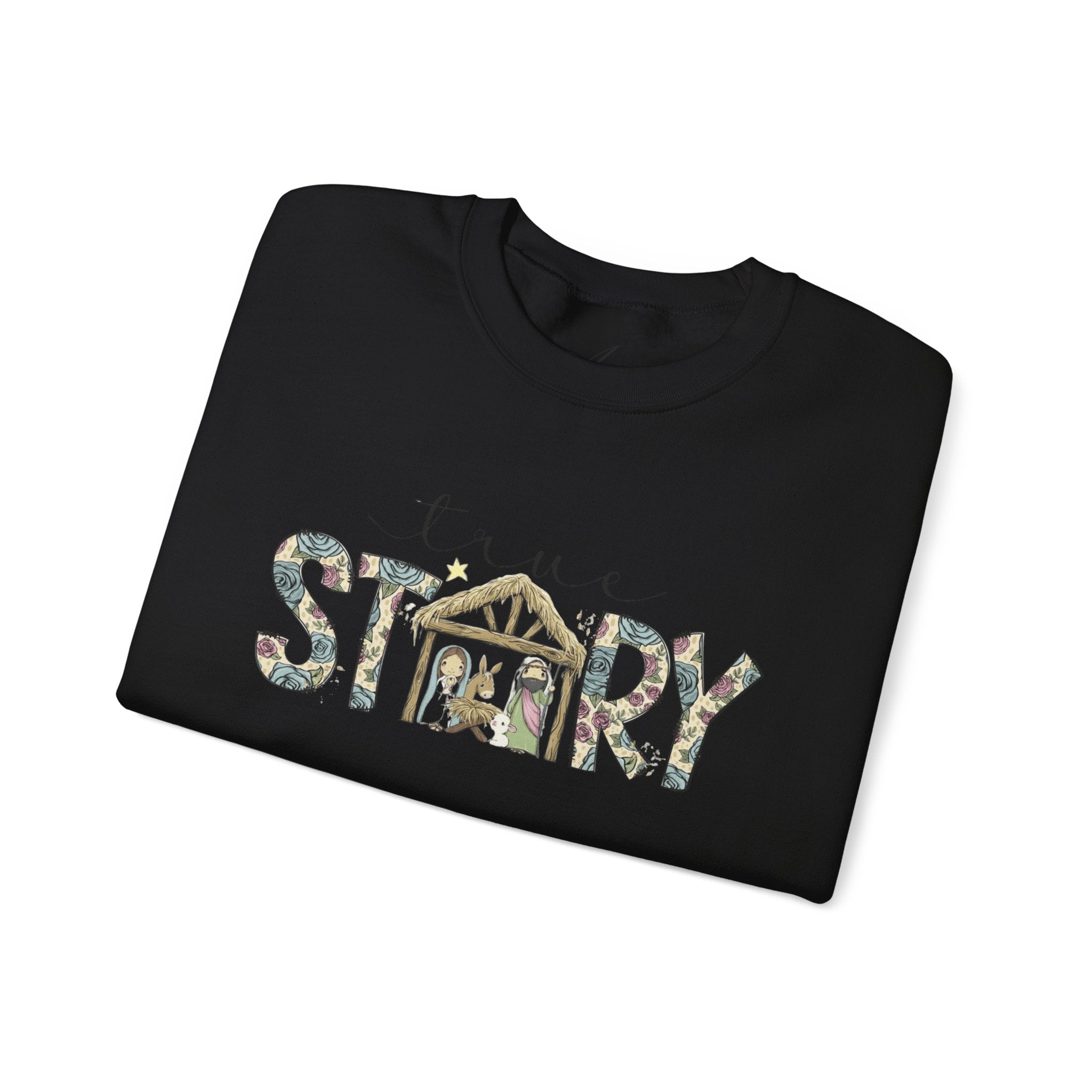 Crewneck Sweatshirt "Come Story" Floral Nativity Design  Cozy Christmas Pullover unique festive designs and joyful