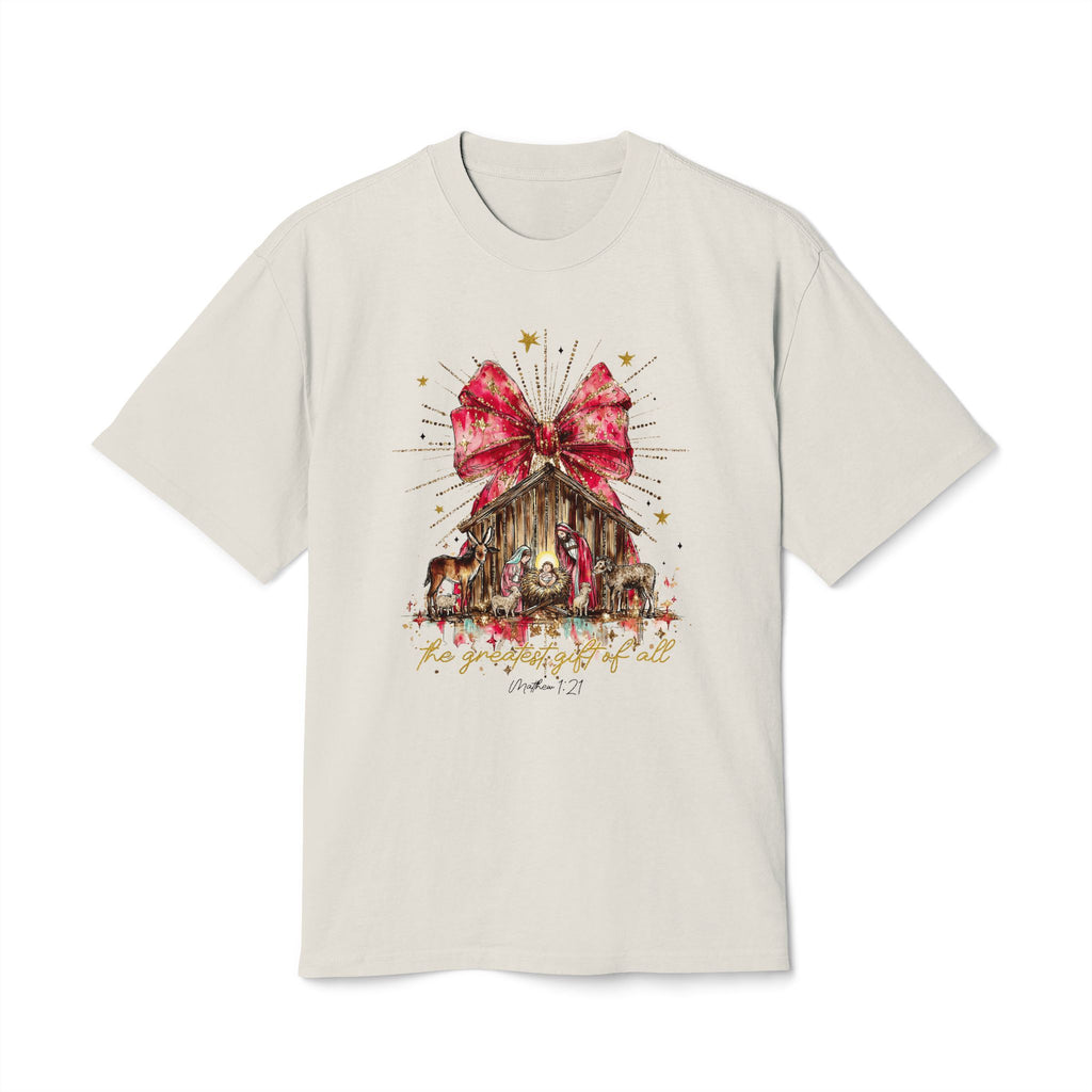 Christmas Nativity Tee  Rustic Manger with Red Bow Holiday T‑Shirt Christmas T-shirts and sweaters