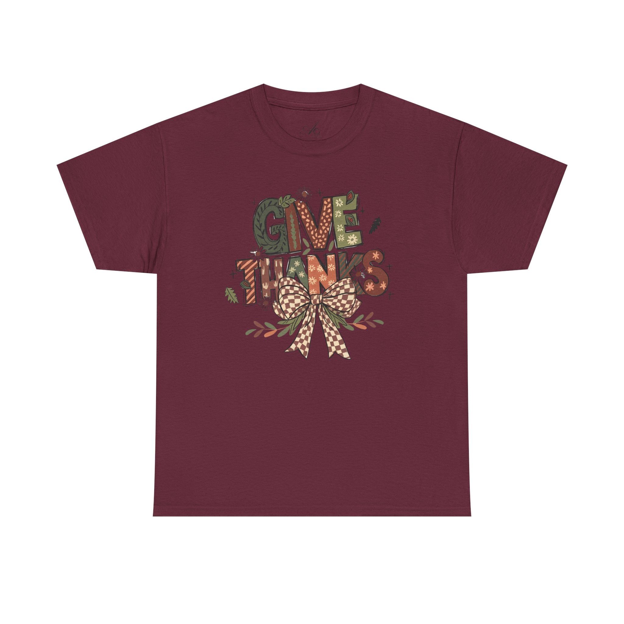Give Thanks Tee Thanksgiving Graphic T-Shirt with Rustic Bow Design