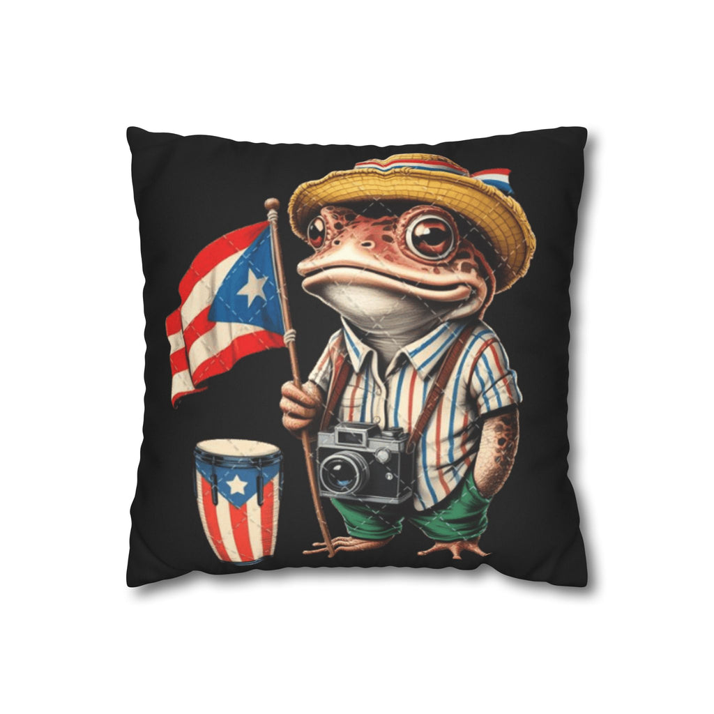 Puerto Rican Flag Frog Faux Suede Pillowcase  Tourist Toad Camera Design Puerto Rico Culture Pillow