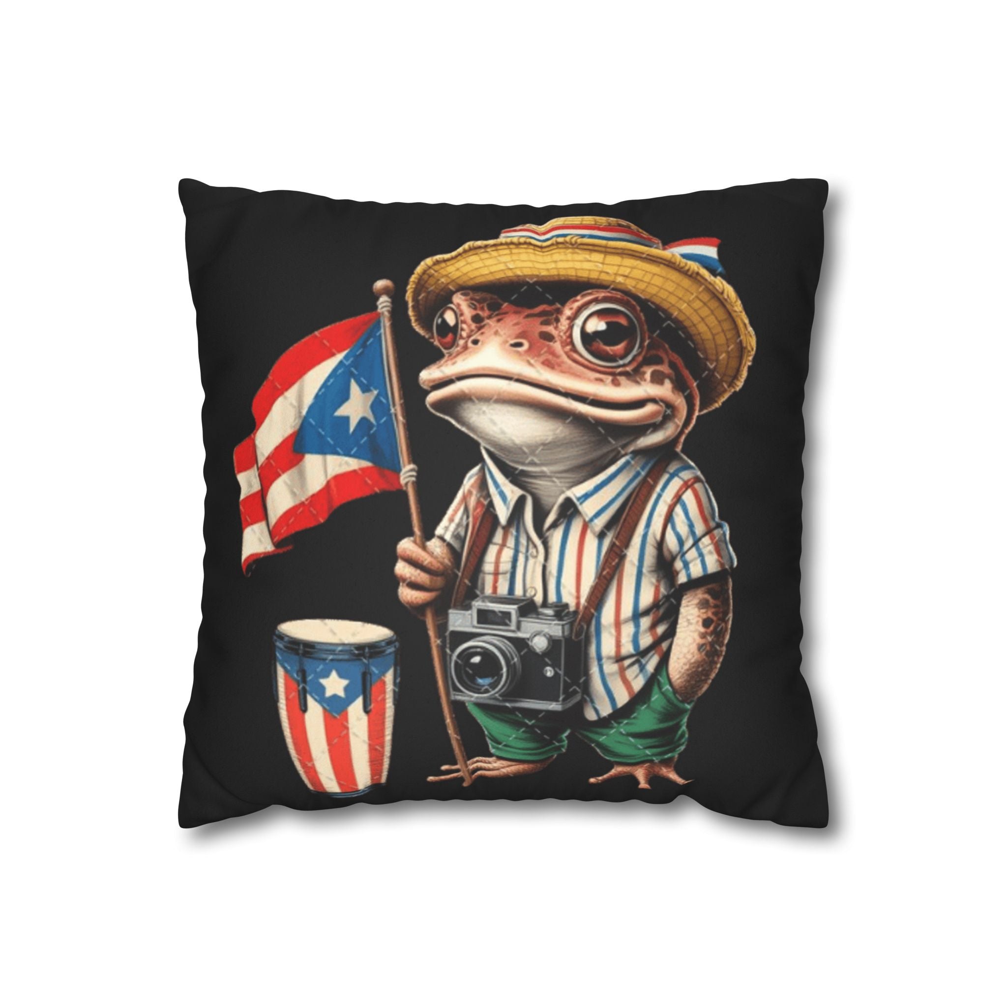 Puerto Rican Flag Frog Faux Suede Pillowcase  Tourist Toad Camera Design Puerto Rico Culture Pillow