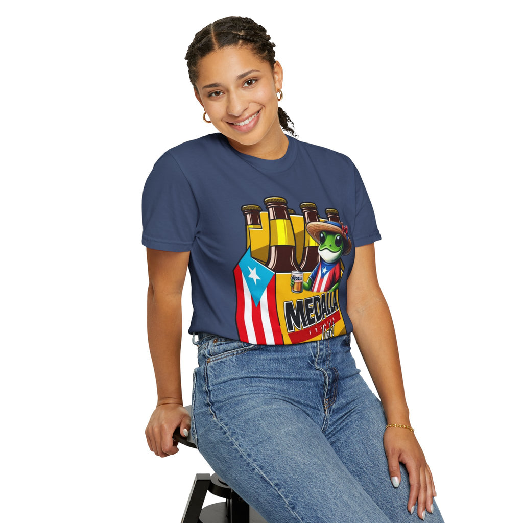 Medalla Light Puerto Rican Beer T-Shirt Coqui Frog Mascot Six-Pack Graphic Tee Puerto Rico’s Navidades