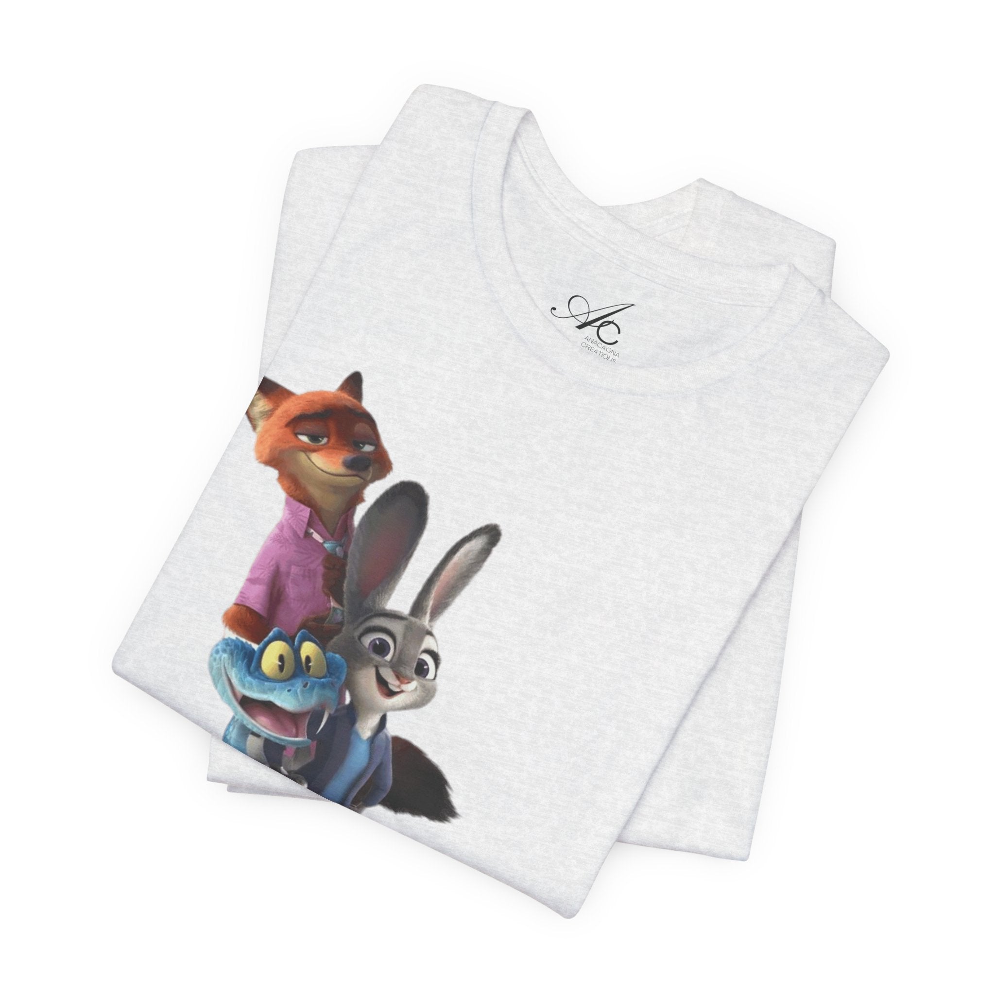 Animated Character Tee — Cute Fox & Bunny Stack Graphic T-Shirt  cartoon-style Christmas artwork