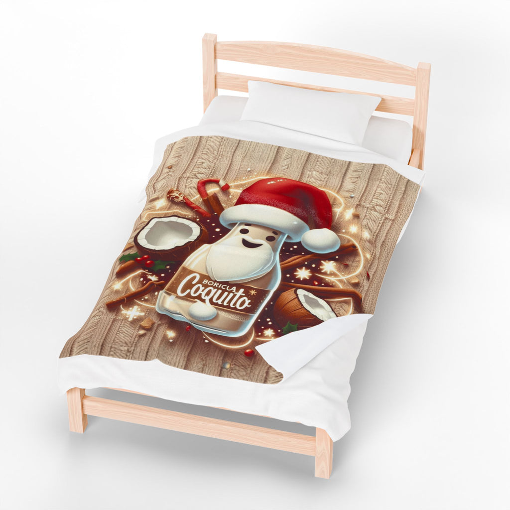 Coquito Santa Velveteen Plush Blanket Holiday Puerto Rican Coquito Design