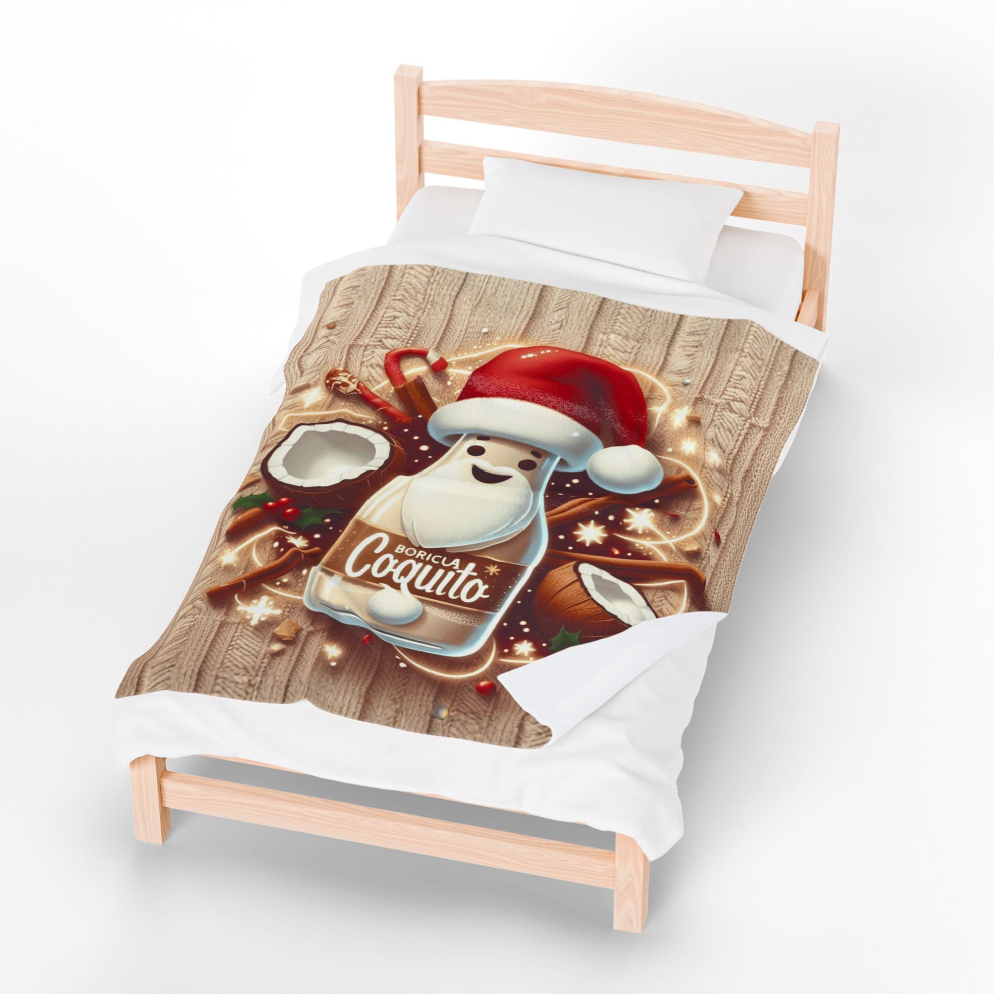Coquito Santa Velveteen Plush Blanket Holiday Puerto Rican Coquito Design