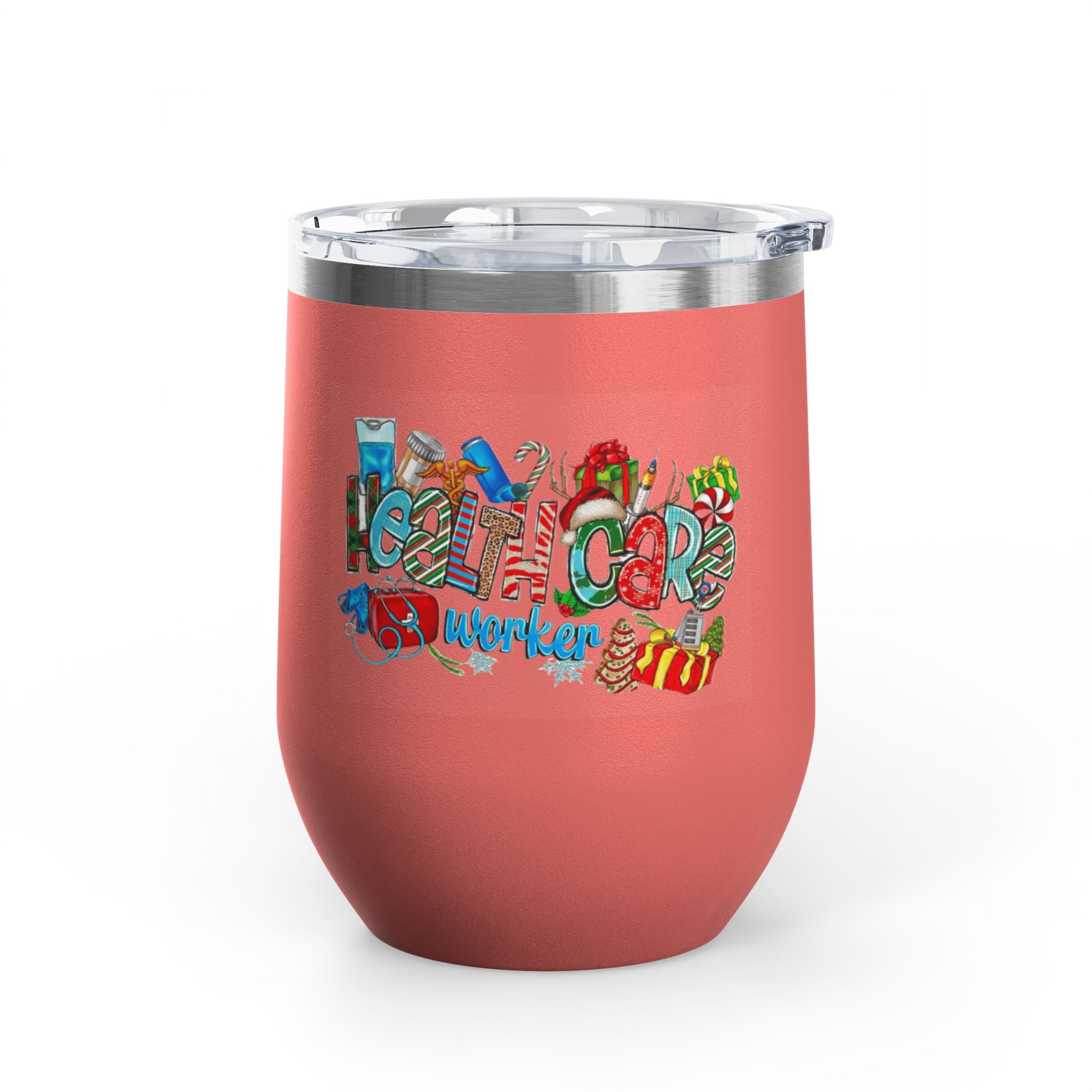 Healthcare Worker 12oz Wine Tumbler — Colorful Holiday Medical Staff Gift Medical Christmas Mug