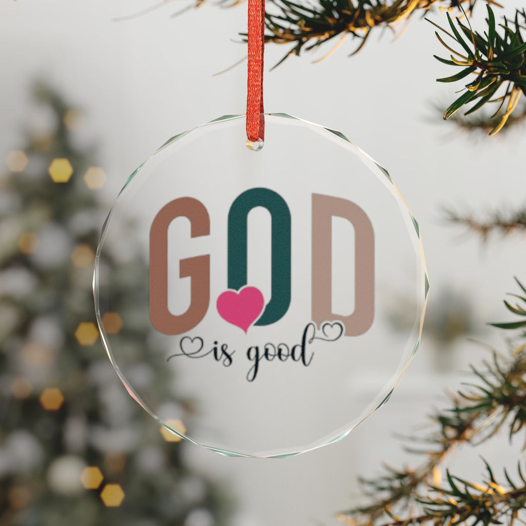 Crystal Heart Ornament — “God Is Good” Religious Glass Ornament (Heart with Pink Heart Accent)