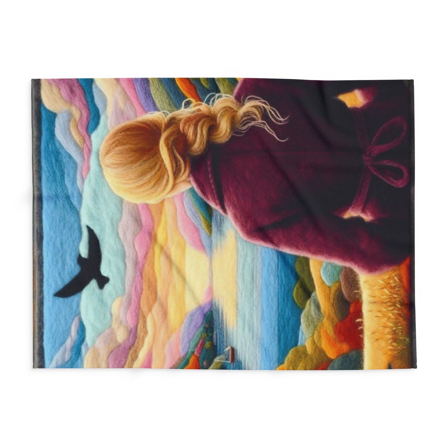 Scenic Girl Fleece Blanket — Cozy Sunset Landscape Throw