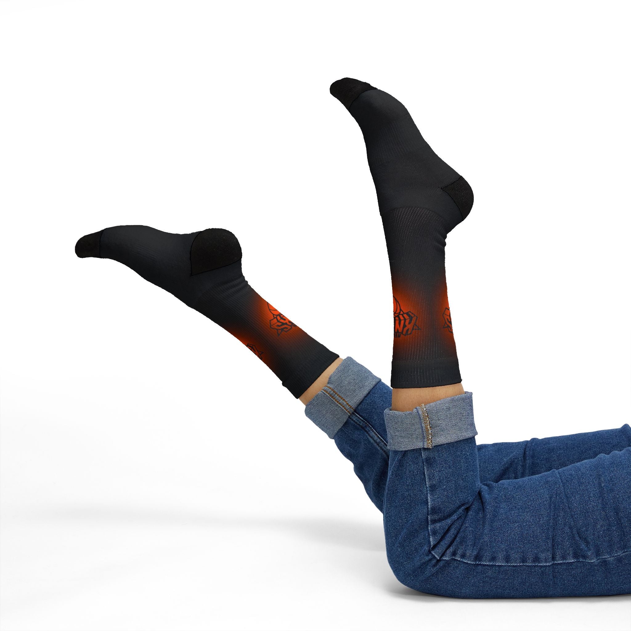 Basketball-Inspired Pattern Crew Socks — Retro Sports Sublimation Socks — Orange Gradient Crew Socks for Fans