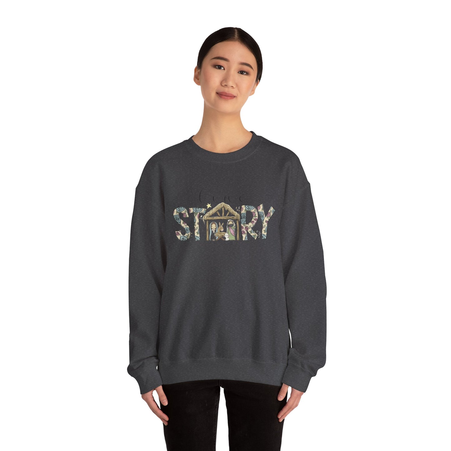 Crewneck Sweatshirt "Come Story" Floral Nativity Design  Cozy Christmas Pullover unique festive designs and joyful