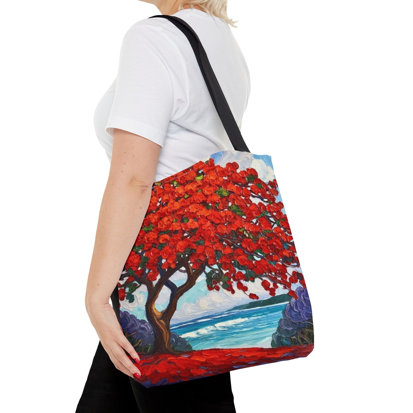 Red Blossom Beach Tote - Tropical Tree Art All-Over Print Tote Bag Crochet-Decorated Tote Bags