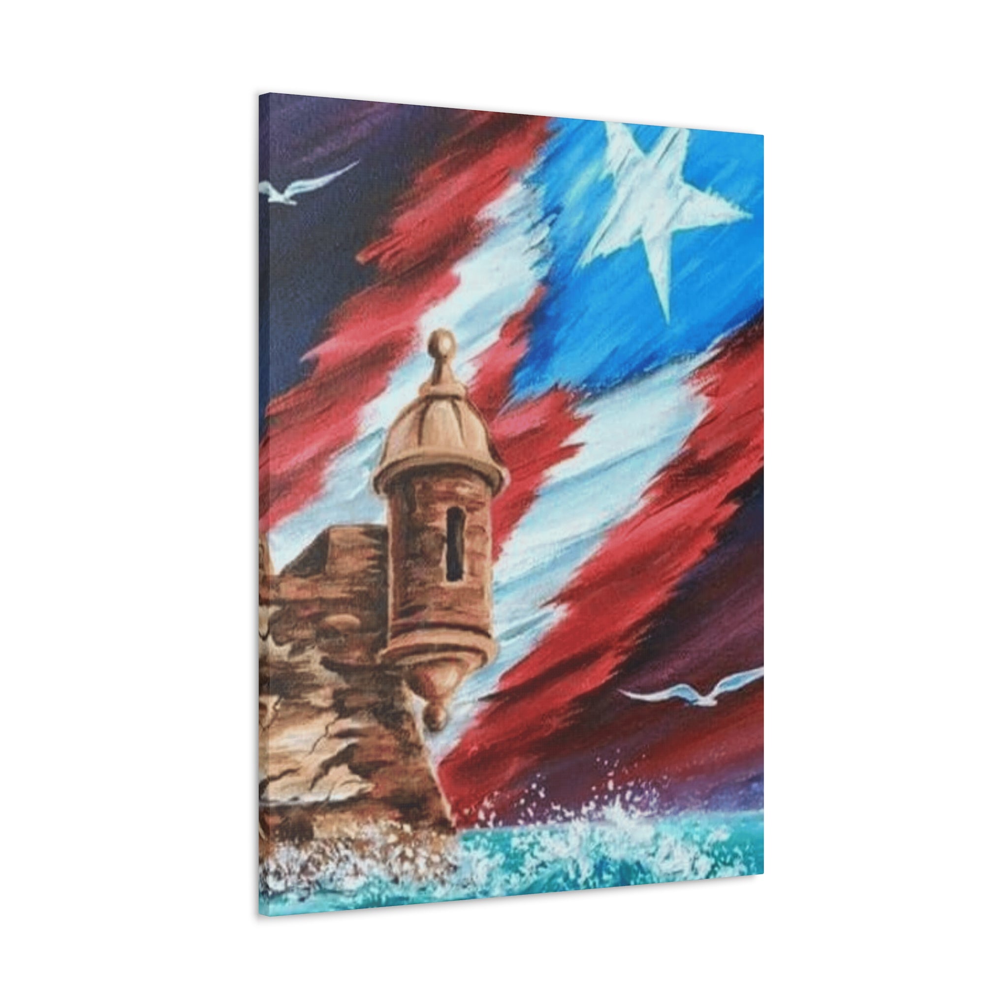 Patriotic Castillo Canvas Wall Art – Puerto Rico Flag Coastal Fortress Print