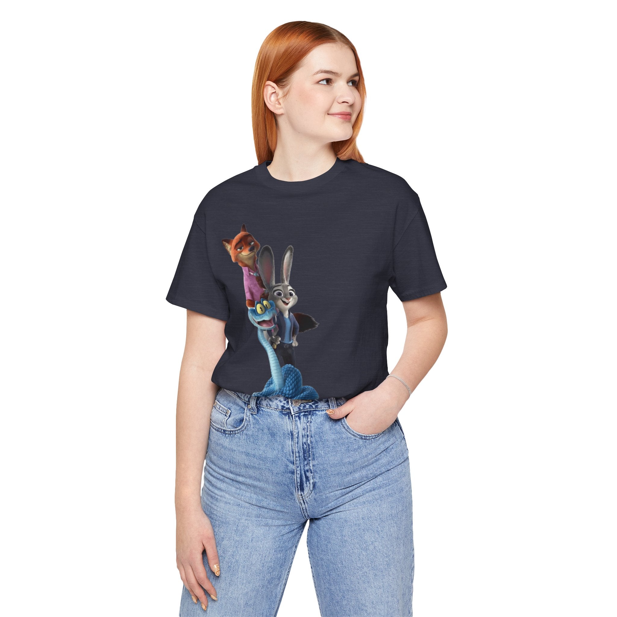 Animated Character Tee — Cute Fox & Bunny Stack Graphic T-Shirt  cartoon-style Christmas artwork