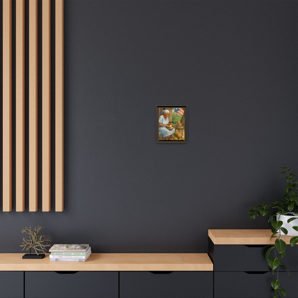 Cultural & Story-Driven These Puerto Rico inspired  Framed Matte Canvas Print  Woman Shelling Fruit Vintage Tropical Painting