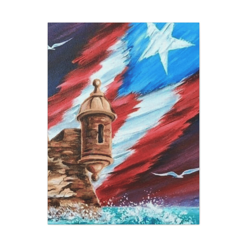 Patriotic Castillo Canvas Wall Art – Puerto Rico Flag Coastal Fortress Print