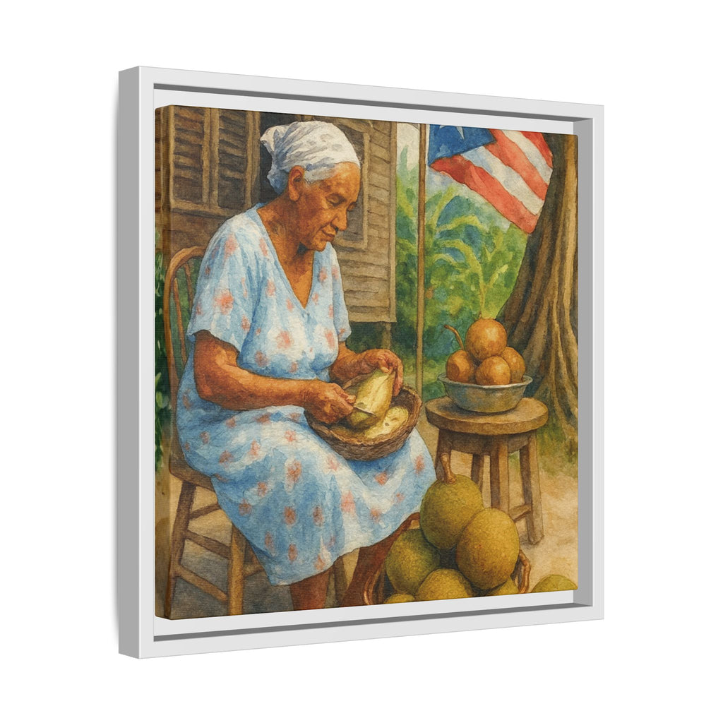 Cultural & Story-Driven These Puerto Rico inspired  Framed Matte Canvas Print  Woman Shelling Fruit Vintage Tropical Painting
