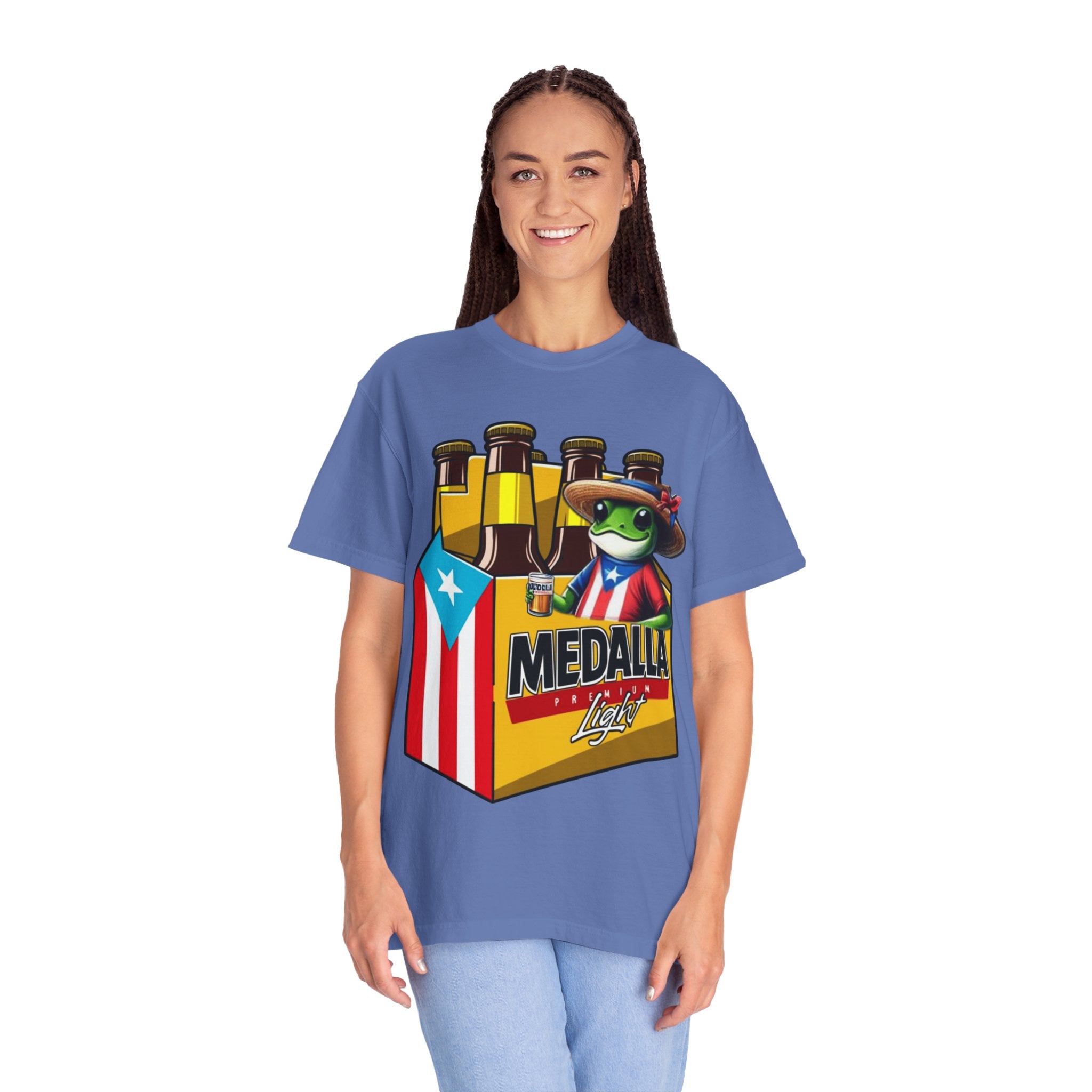 Medalla Light Puerto Rican Beer T-Shirt Coqui Frog Mascot Six-Pack Graphic Tee Puerto Rico’s Navidades