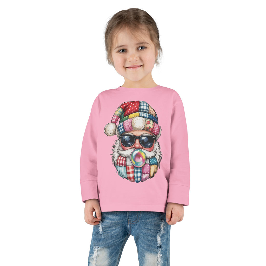 Toddler Long Sleeve Tee  Cool Santa with Patchwork Hat & Bubblegum Graphic