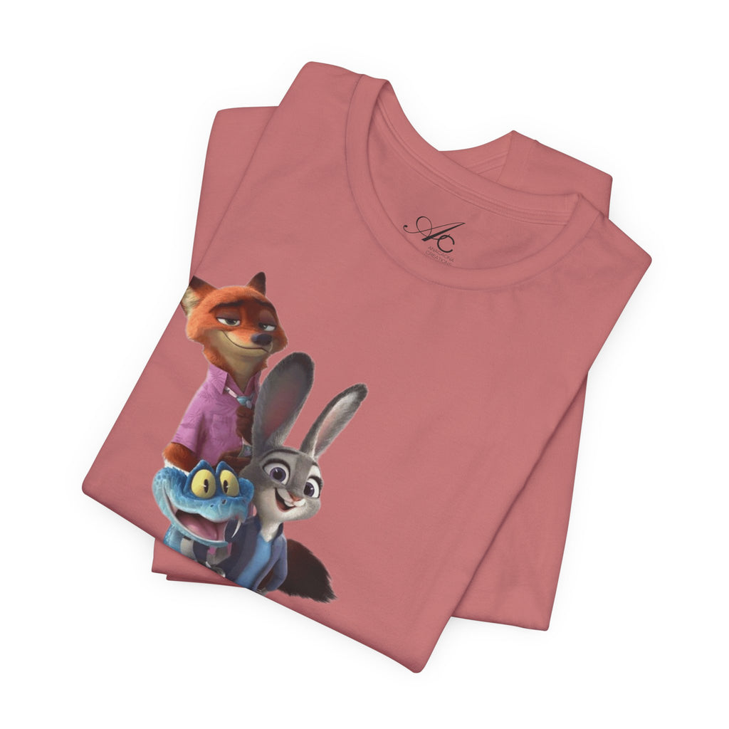 Animated Character Tee — Cute Fox & Bunny Stack Graphic T-Shirt  cartoon-style Christmas artwork