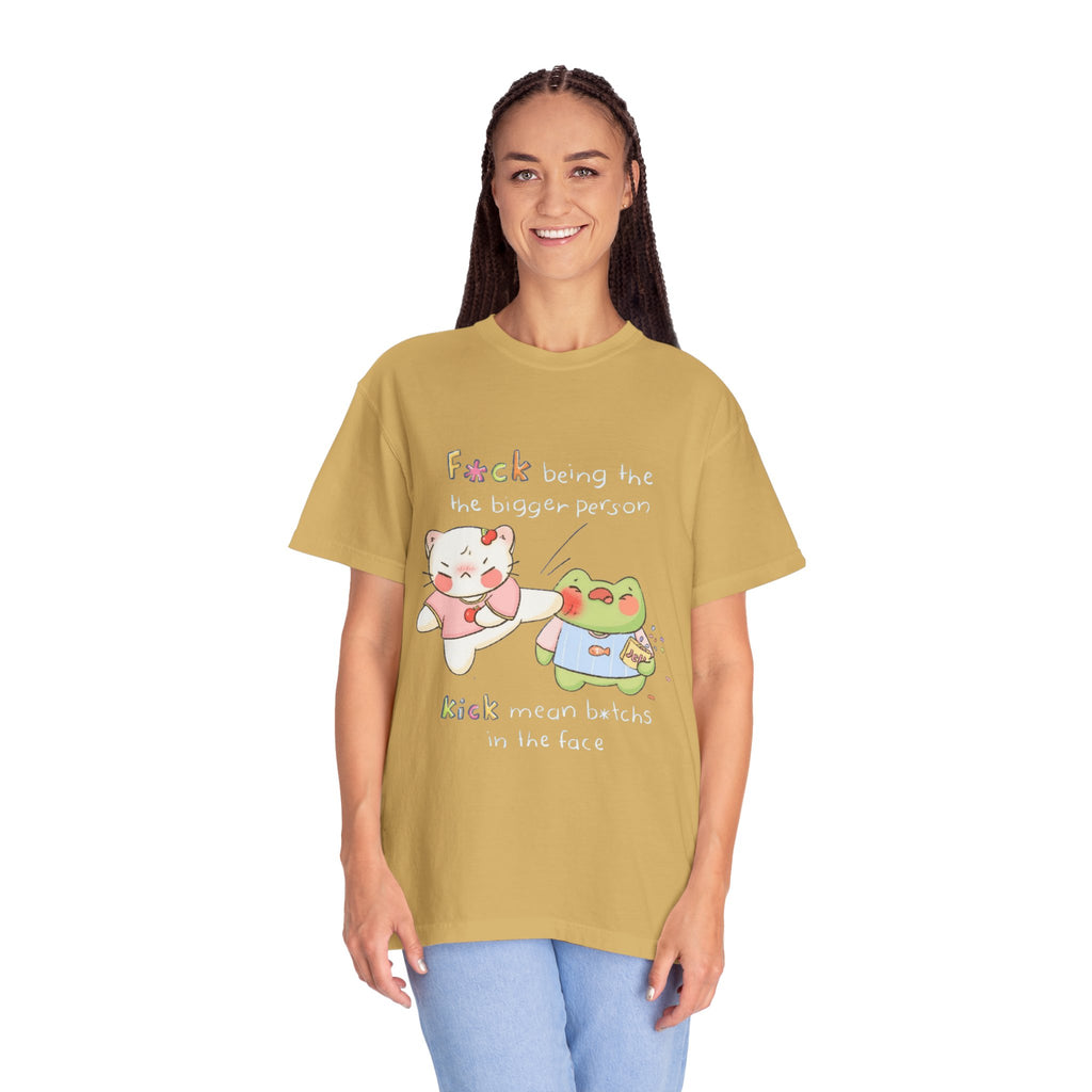 Graphic T-Shirt  Cute Kicking Cat & Frog with 'F*ck Being The Bigger Person' Slogan