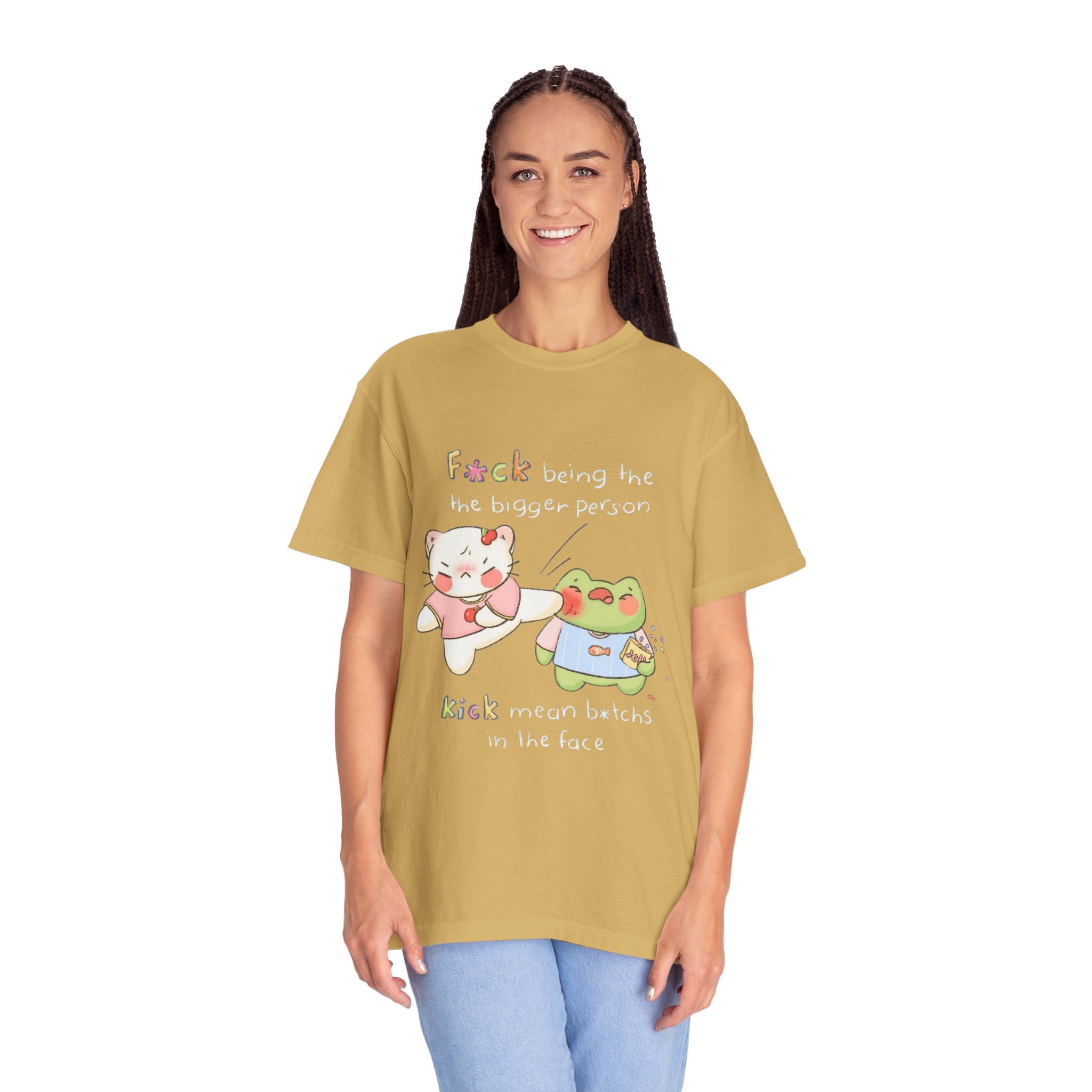 Graphic T-Shirt  Cute Kicking Cat & Frog with 'F*ck Being The Bigger Person' Slogan