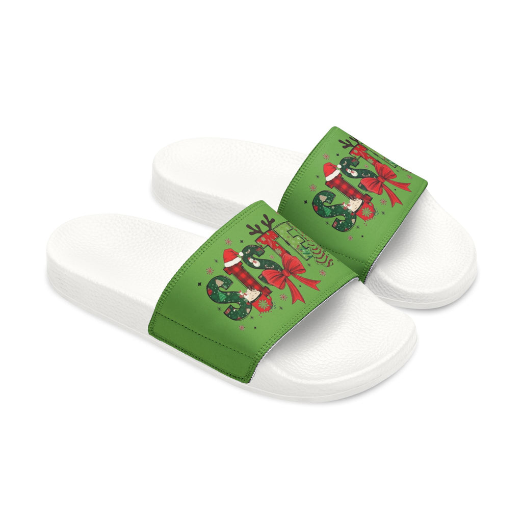 Sister Women's Holiday Slide Sandals — Green 'Joy' Gift Bow Design