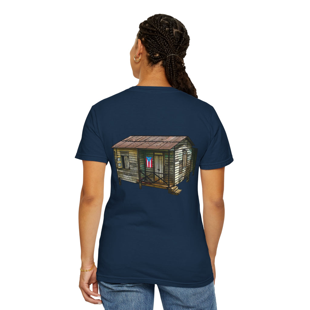 Puerto Rican Batey Cabin T-Shirt  Three Masks & Rustic House Graphic Tee Puerto Rico Navidades
