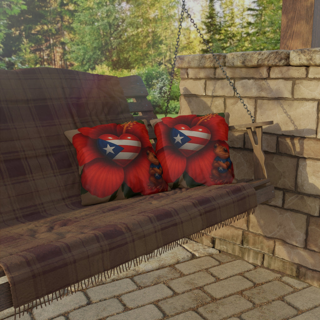 Puerto Rico Heart Flag Outdoor Pillow — Coquí & Hibiscus Patio Cushion Puerto Rico Culture Pillow