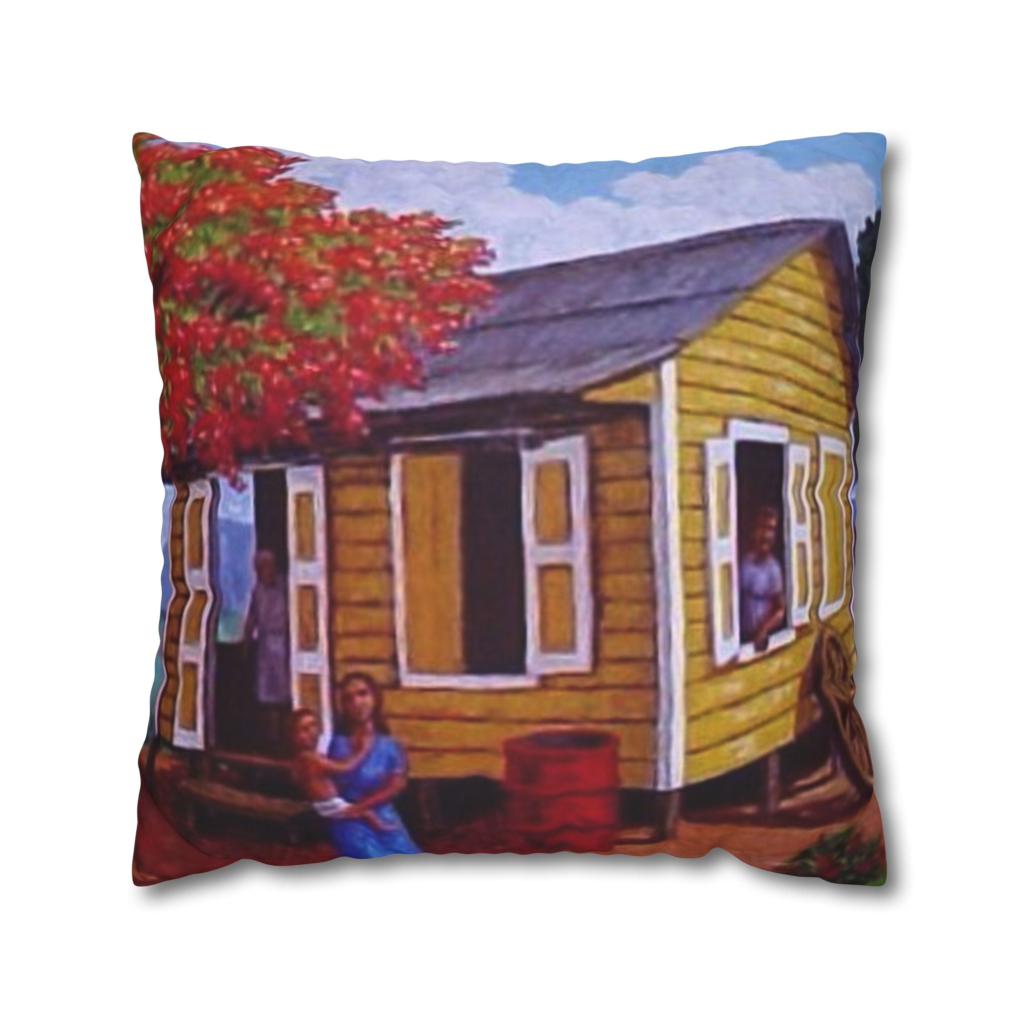 Puerto Rico Culture Pillow Cozy Cottage Canvas Pillow  Yellow House Decorative Throw Pillowcase