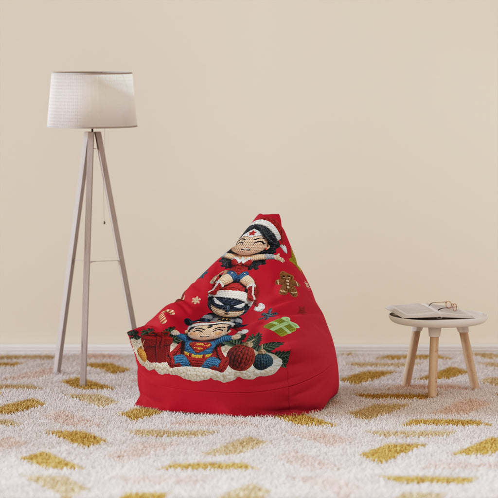 Holiday Superhero Bean Bag Cover — Festive Red Wonder Woman & Superman Knit Design
