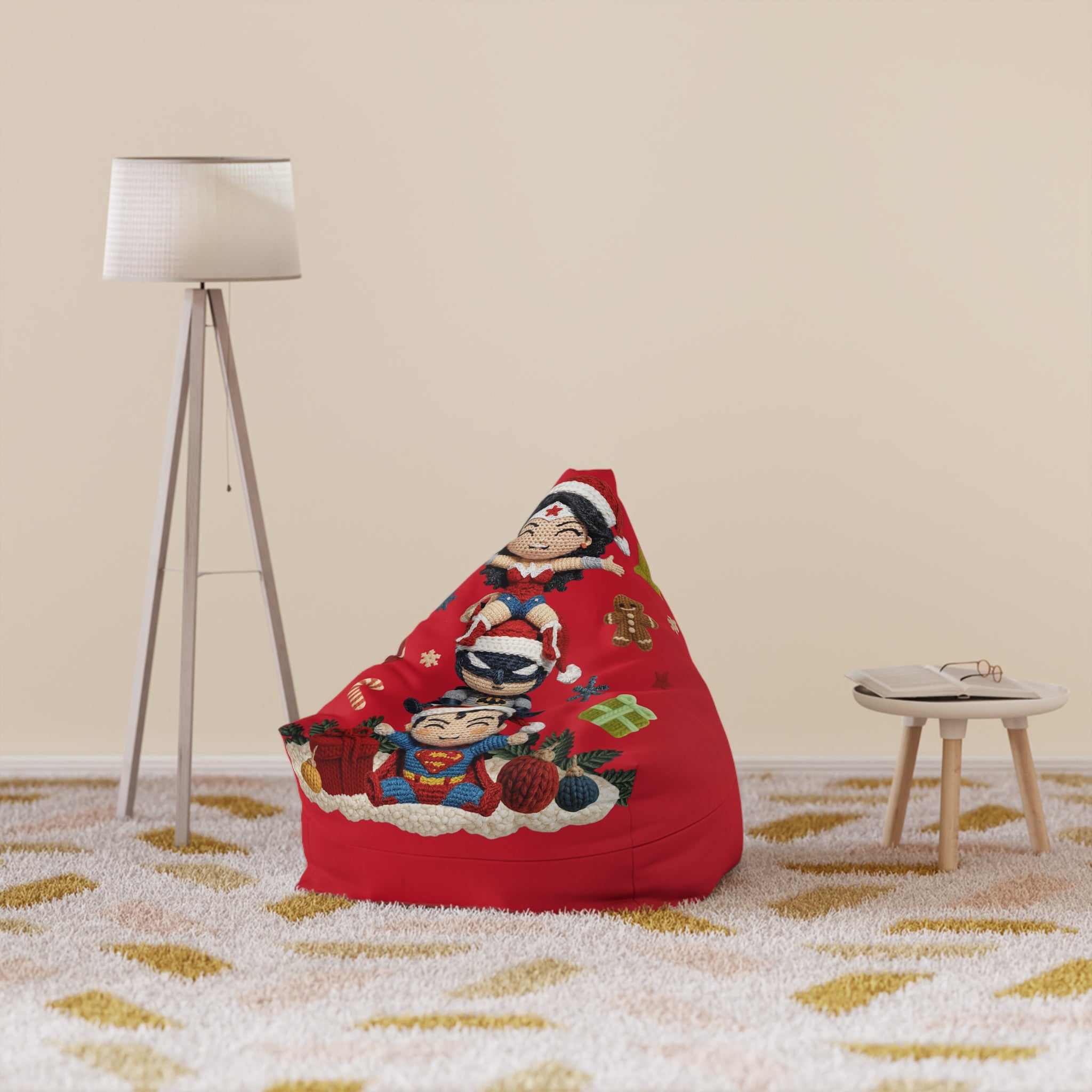 Holiday Superhero Bean Bag Cover — Festive Red Wonder Woman & Superman Knit Design