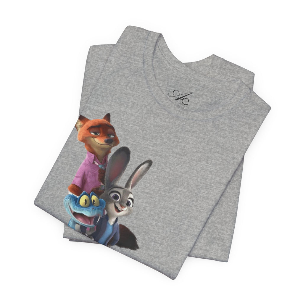 Animated Character Tee — Cute Fox & Bunny Stack Graphic T-Shirt  cartoon-style Christmas artwork