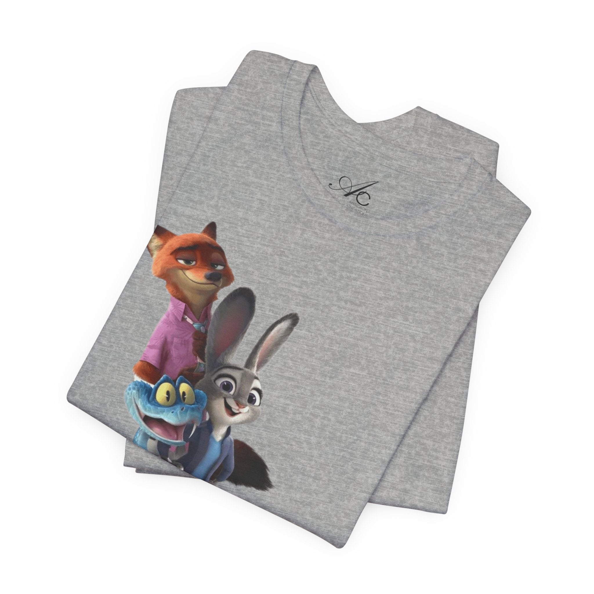 Animated Character Tee — Cute Fox & Bunny Stack Graphic T-Shirt  cartoon-style Christmas artwork