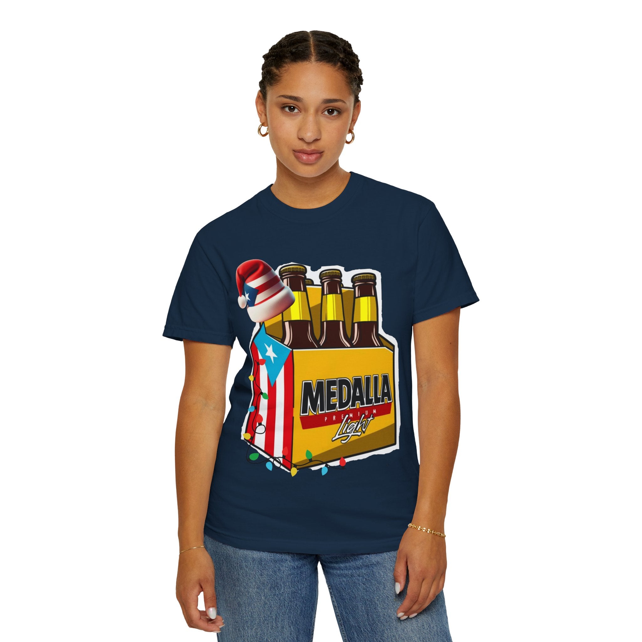 Medalla Light Beer T-Shirt  Navidad Boricua Holiday Tee Puerto Rico’s Navidades