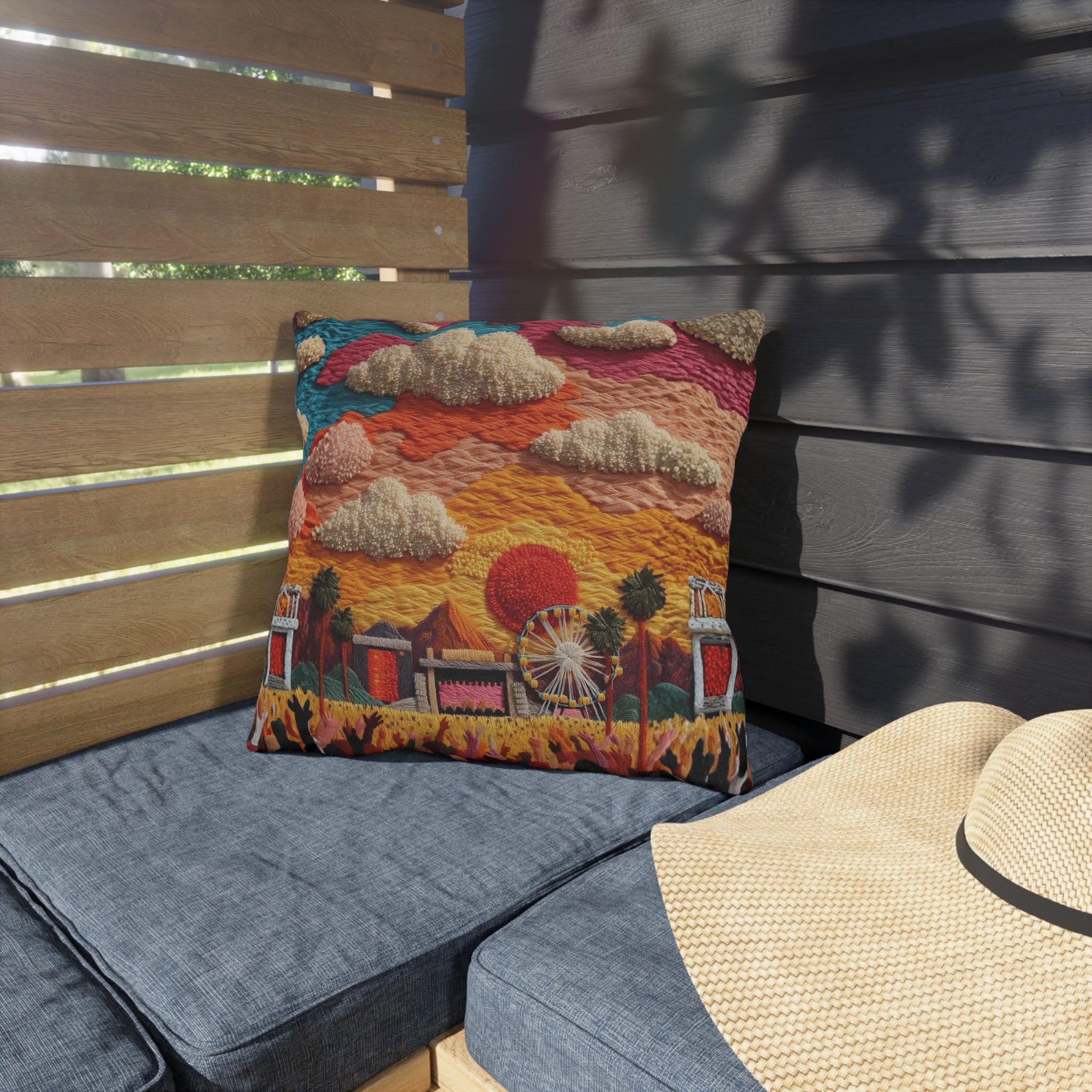 Retro Festival Outdoor Pillow — Sunset Carnival Embroidered Design