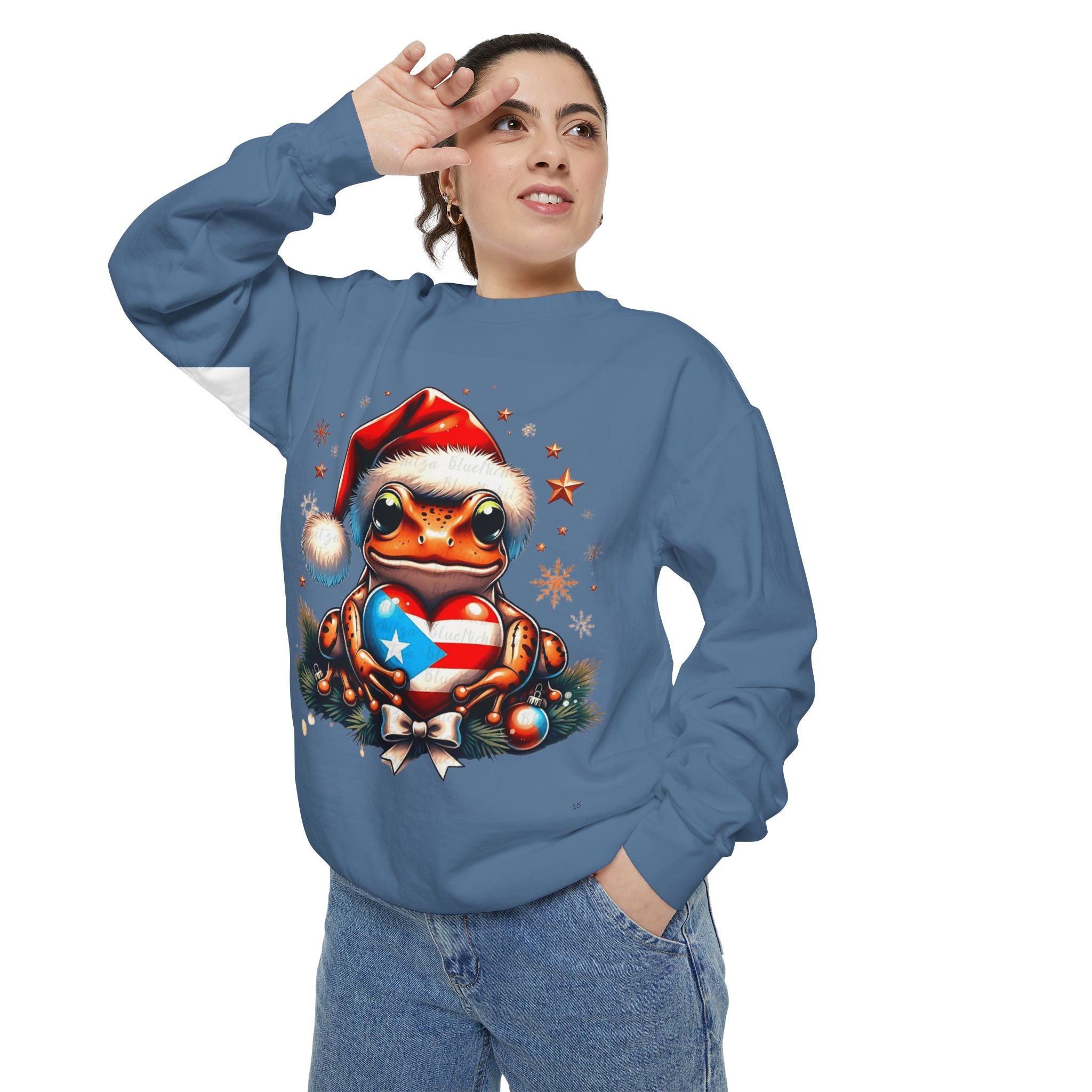 Christmas Coqui Sweatshirt — Cute Santa Frog Holding Ornament Holiday Sweater