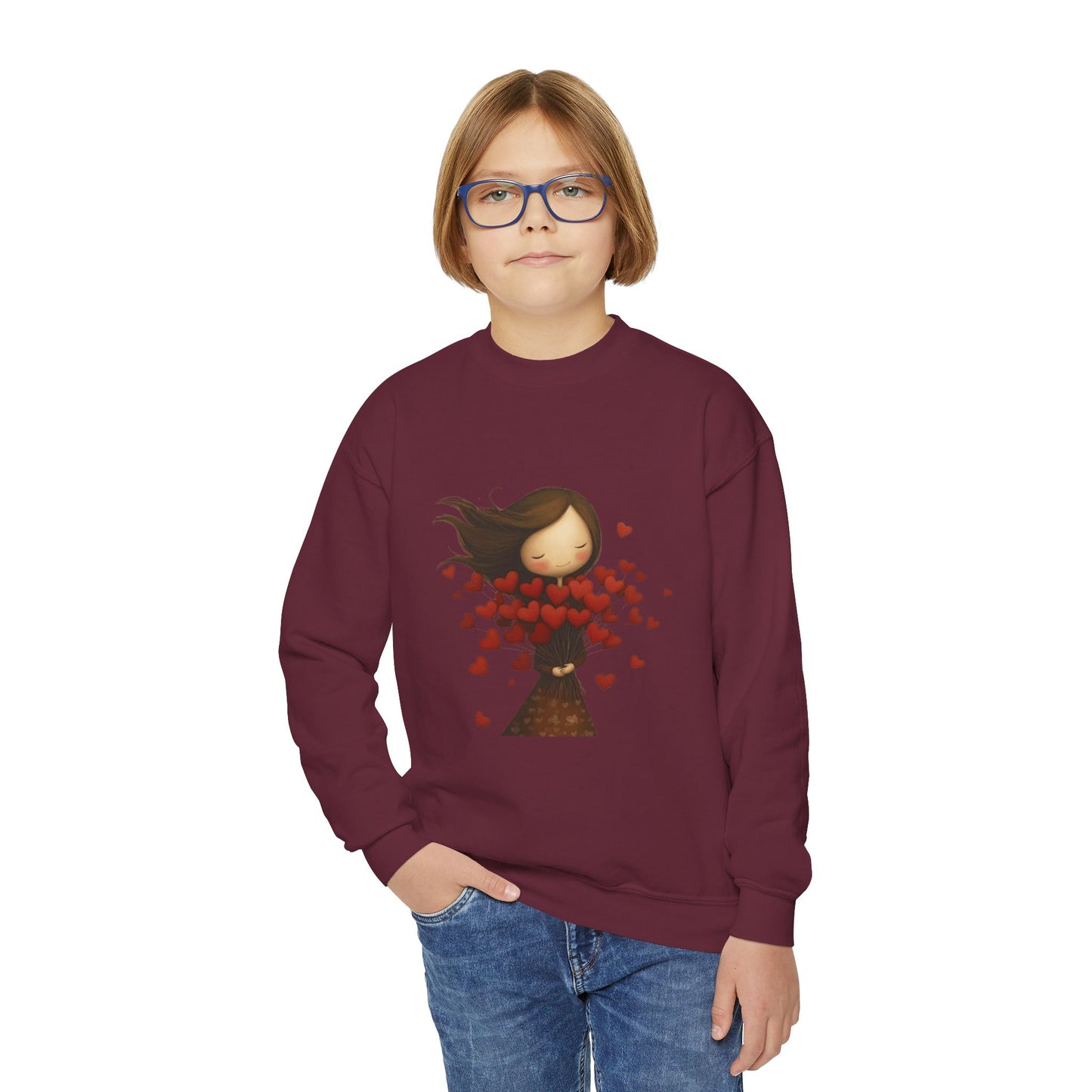 Youth Sweatshirt  Cute Girl with Heart Shower "Love Bug" Crewneck