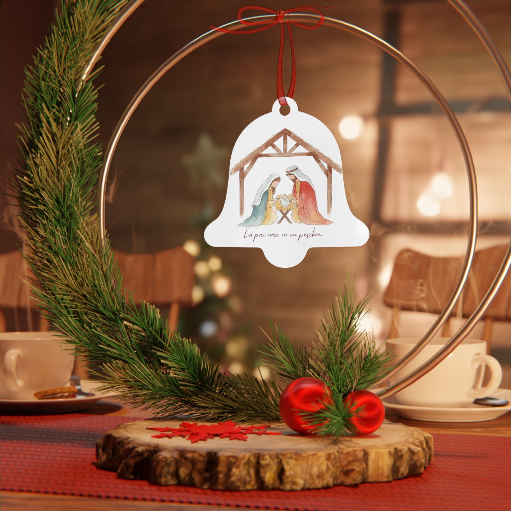 Nativity Metal Ornament — "La paz nace en un pesebre" Christmas Decoration