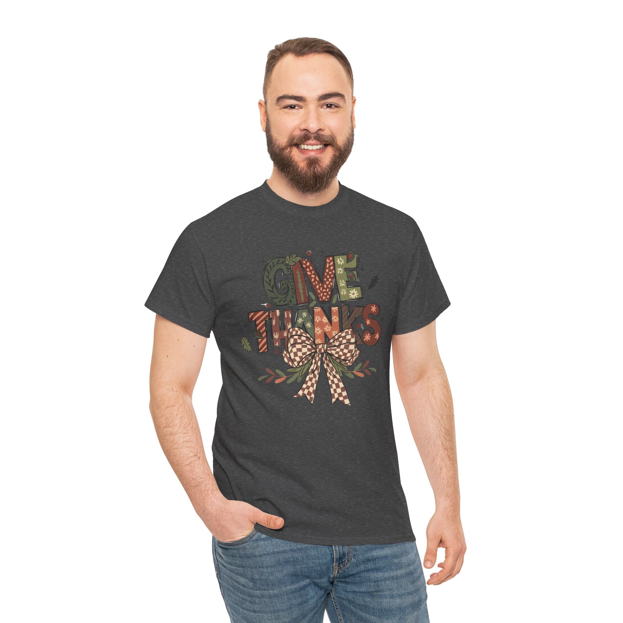 Give Thanks Tee Thanksgiving Graphic T-Shirt with Rustic Bow Design