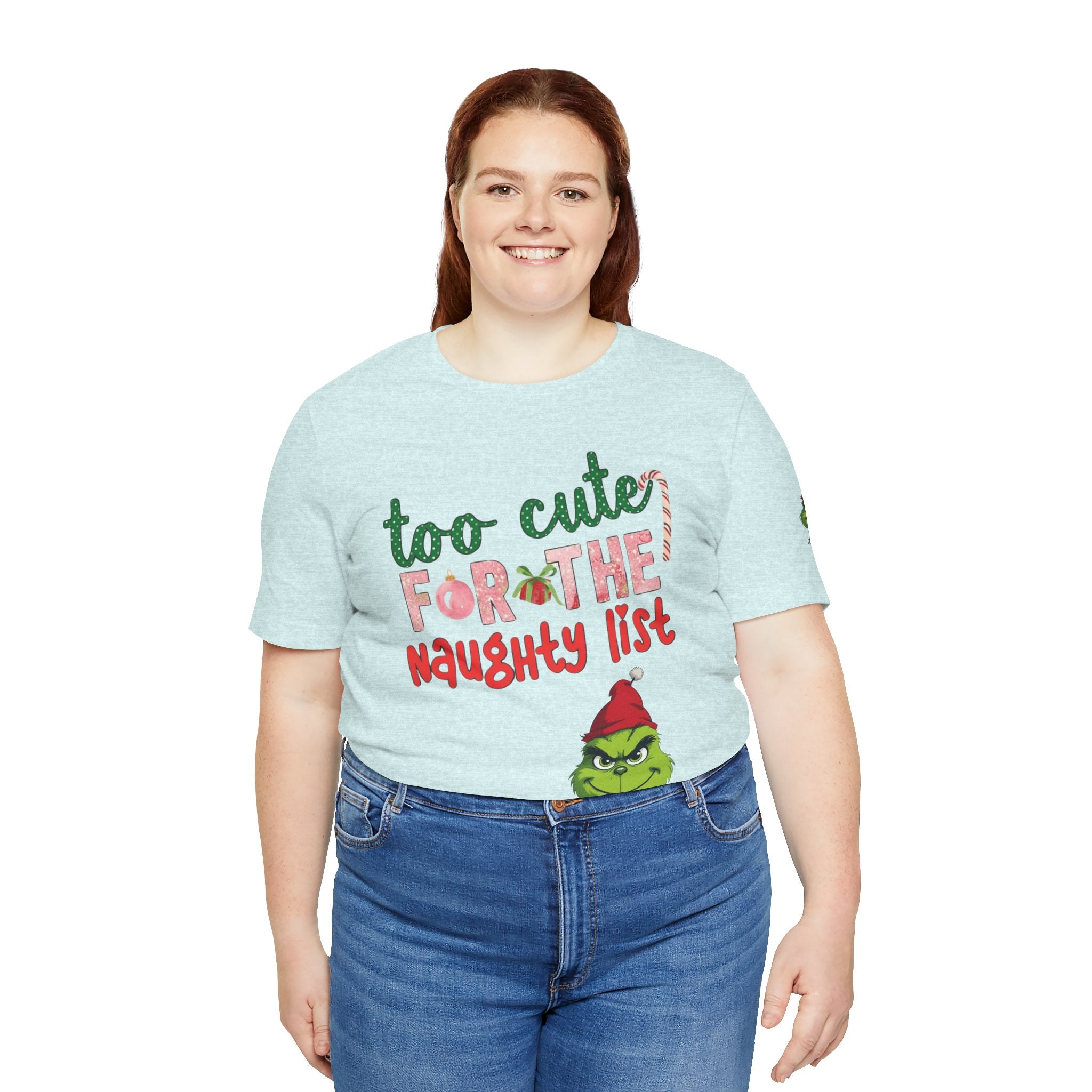 Christmas T-Shirts and Sweatshirts Collection Cute Grinch Holiday Tee 'Too Cute for the Naughty List' Unisex Jersey T-Shirt