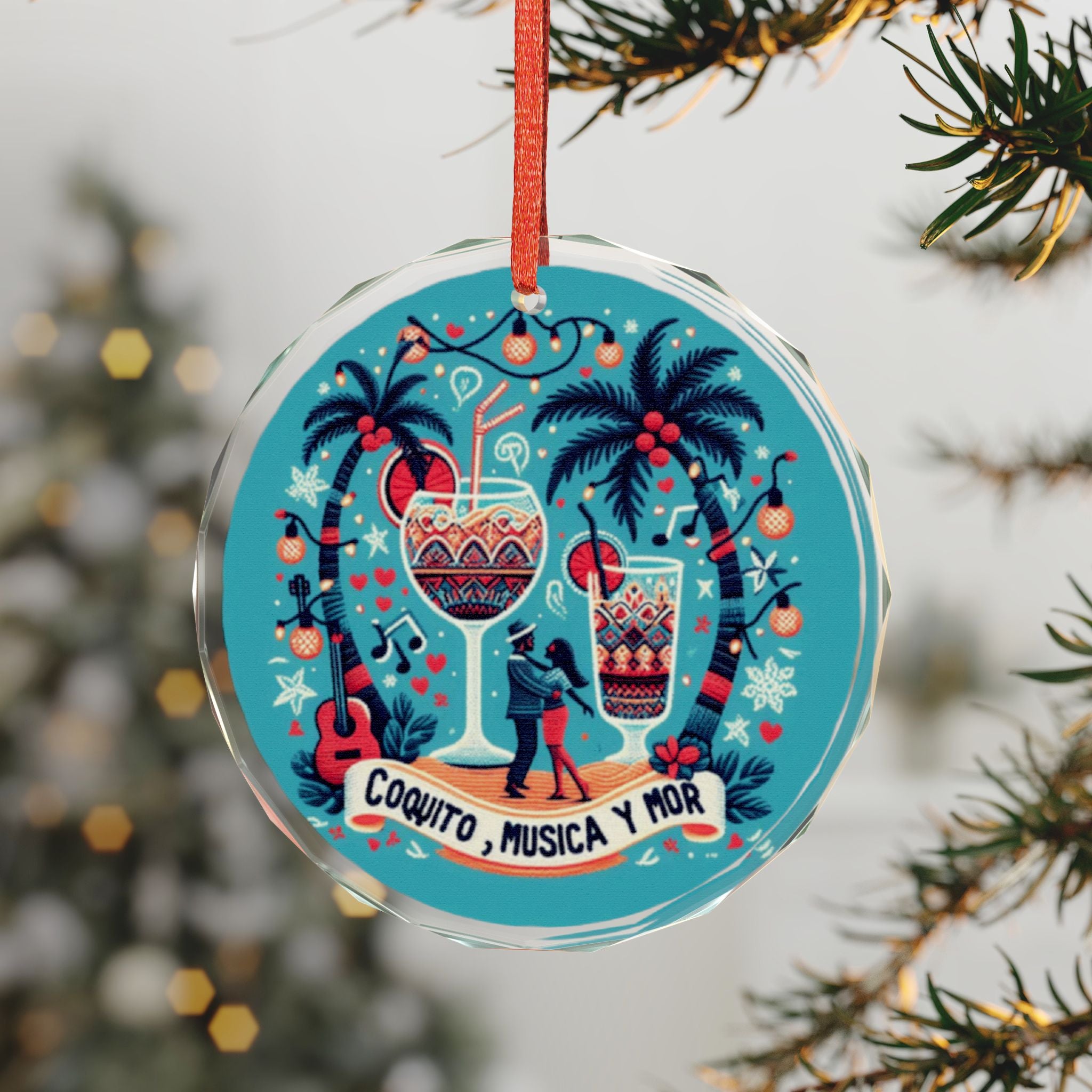 Puerto Rico Glass Ornaments Crystal Ornament "Coquito, Musica y Amor" Holiday Heart Decoration