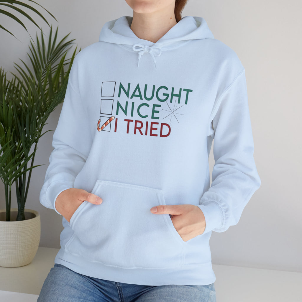 Holiday Hoodie — "Naughty, Nice, I Tried" Funny Christmas Sweatshirt