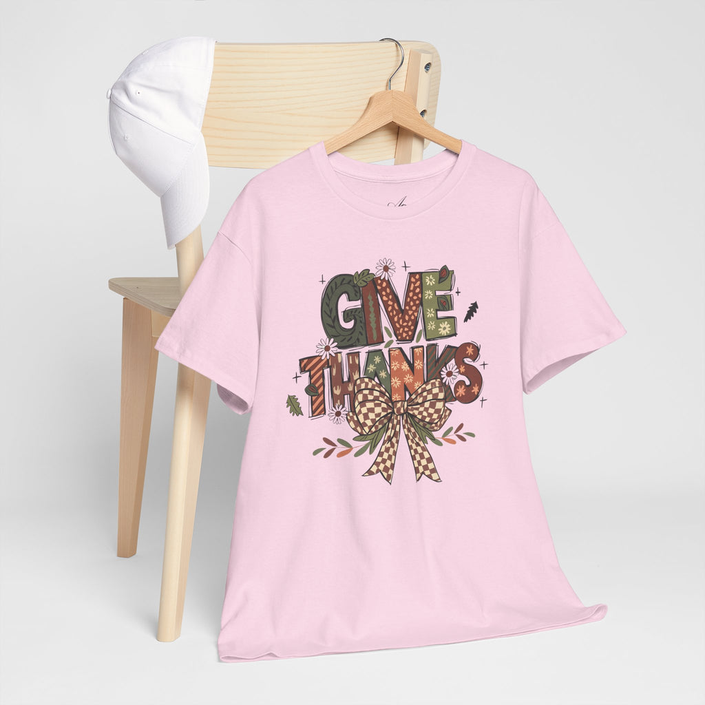 Give Thanks Tee Thanksgiving Graphic T-Shirt with Rustic Bow Design