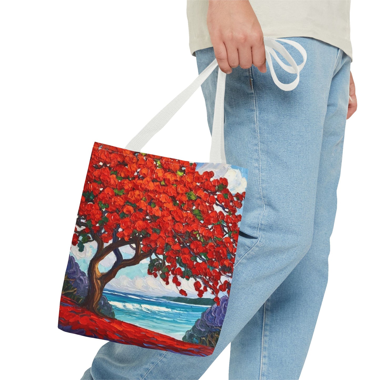 Red Blossom Beach Tote - Tropical Tree Art All-Over Print Tote Bag Crochet-Decorated Tote Bags