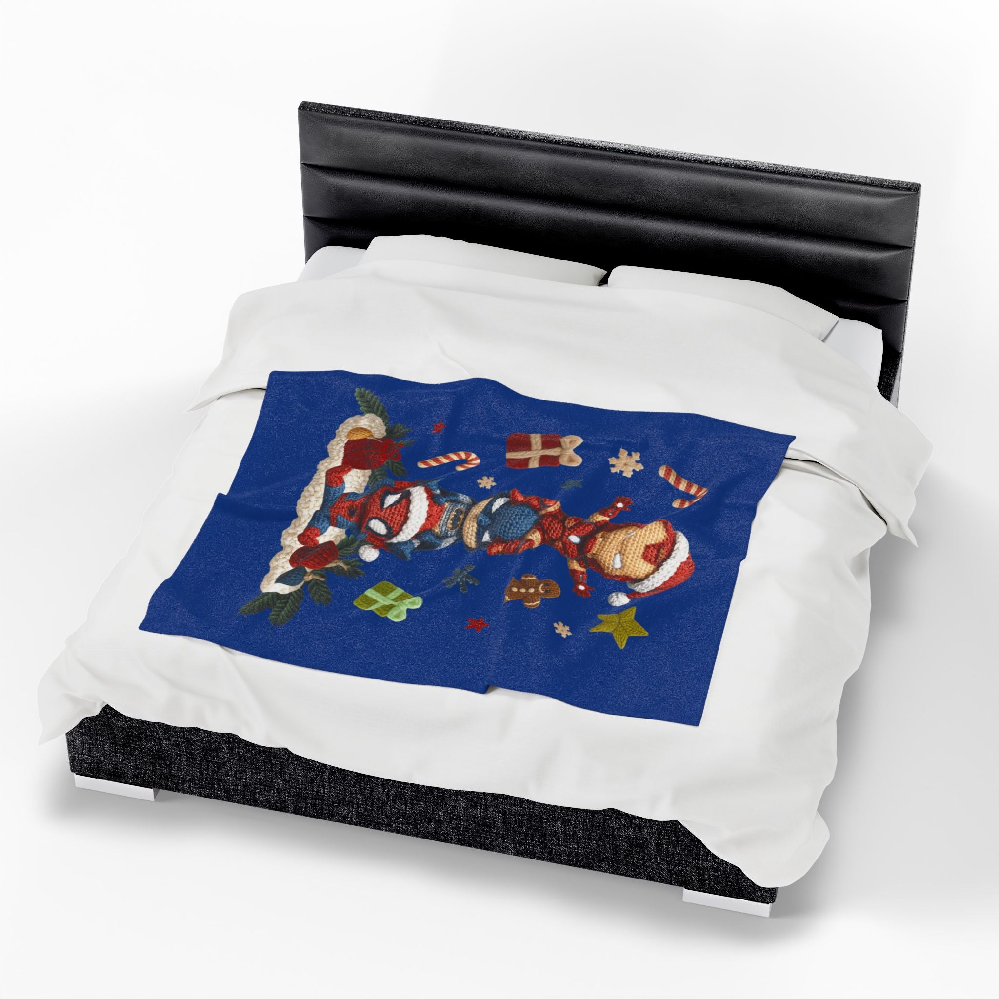 Plush Holiday Marvel Blanket — Cute Iron Man, Captain America & Spider-Man Stack with Christmas Gifts
