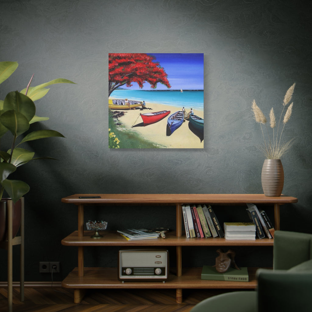 Beach Canoes Canvas Wall Art Tropical Seaside Landscape Matte Stretched Canvas