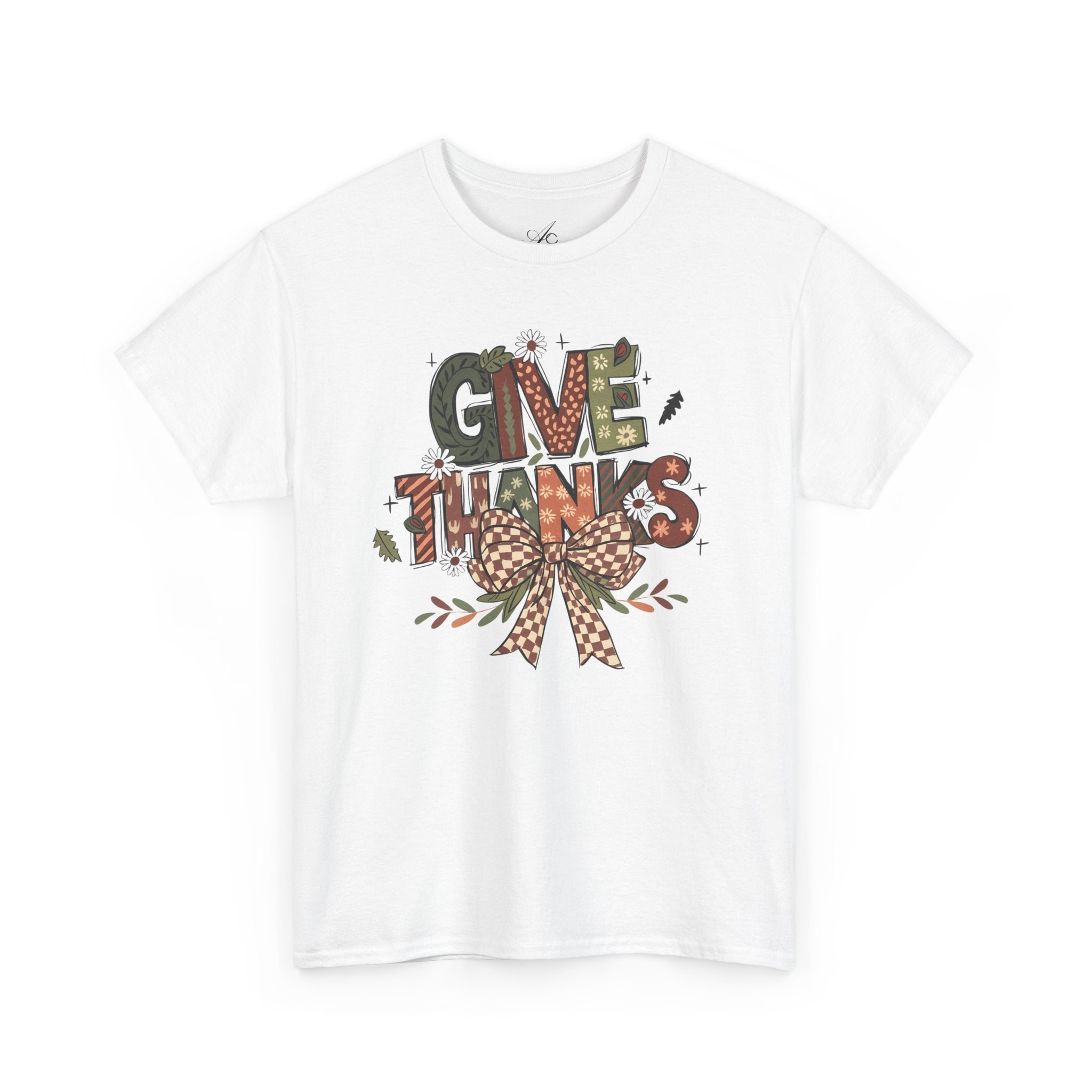 Give Thanks Tee Thanksgiving Graphic T-Shirt with Rustic Bow Design